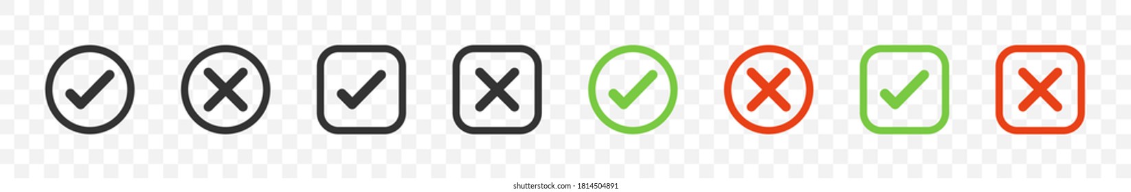 Check mark with cross mark. Vector icons in square and circle. Yes or No symbols. Check mark and cross icons. Vector illustration