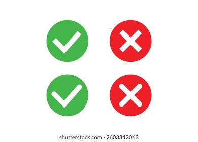 Check mark and cross mark vector icons set illustration isolated on white background.