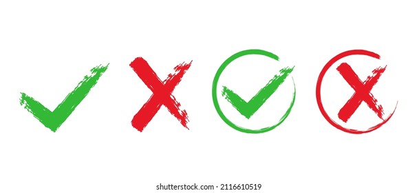 Check mark and cross vector symbol set. Hand drawn circle check mark OK and X icons, tick and cross brush signs