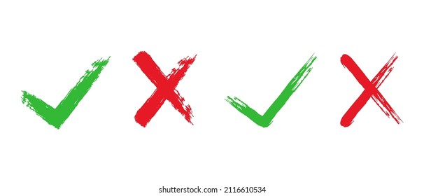 Check mark and cross vector symbol set. Hand drawn check mark OK and X icons, tick and cross brush signs