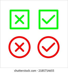 Check mark and cross or x icon in flat style on white background
