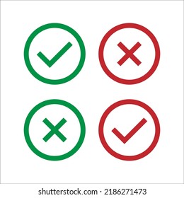 Check mark and cross or x icon in flat style on white background