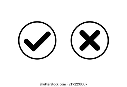Check mark and cross or x icon in flat style on white background