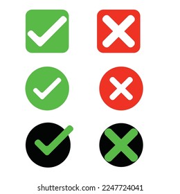 Check mark and cross or x icon in flat style on white background