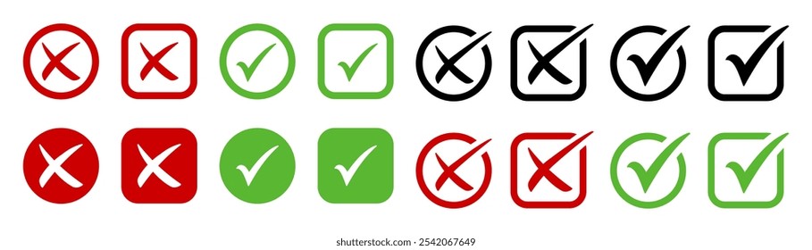 Marca de verificación, cruz, icono de marca X establecido en diferentes estilos. Vector Conjunto de marcas de verificación de trazo de pincel de forma cuadrada, circular y circular, dibujadas a mano a la derecha y a la izquierda, dibujadas a mano a la derecha y a la izquierda