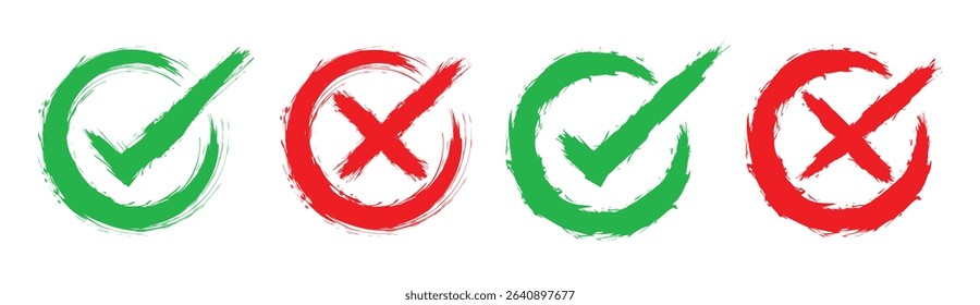  check mark, cross, x mark icon set in green. brush check mark icon button set. check box icon with right and wrong buttons and yes or no checkmark icons in green tick box and red cross.