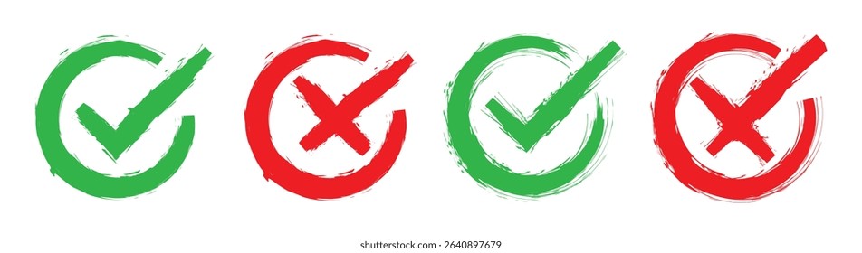  check mark, cross, x mark icon set in green. brush check mark icon button set. check box icon with right and wrong buttons and yes or no checkmark icons in green tick box and red cross.