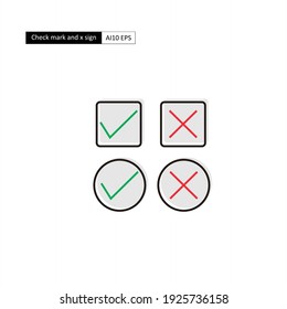 A check mark and a cross or x, two symbols that often represent acceptance and rejection. Signs are understood globally, widely applied in the fields of office software systems, education, technology.
