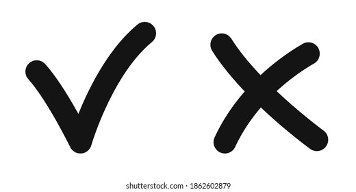Check mark and cross. Yes and No concept. Vector illustration. Black check marks on white background.