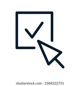 Check mark, cursor. Concept of online voting, test, survey. Make a choice. Vector linear icon isolated on white background