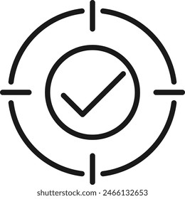 Check mark in dart target symbol icon. Quality control illustration.