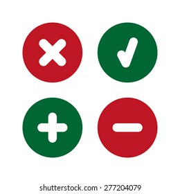Check mark, delete, plus and minus icons. Simple set. Vector illustration. Flat design style.