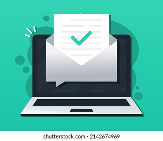 Check mark document in mail envelope.  Approved email message on laptop computer screen. Vector illustration.