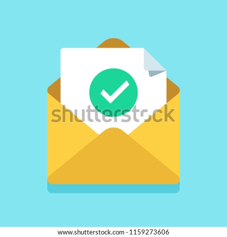 Check mark document in mail envelope. Approved tick marker, confirm accepted or checked on acceptance letter verify sending. Confirmation email message, verified emails mailer send flat vector icon