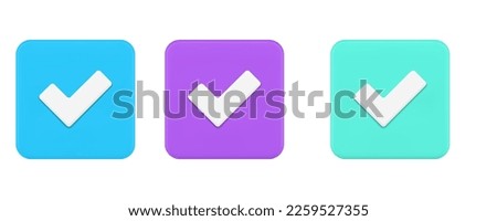 Check mark done accept square button positive solution correct confirmation 3d icon set realistic vector illustration. Checkbox success vote right achievement complete questionnaire result choice