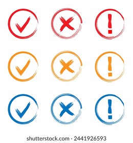 Check mark or done and yes signs, cross warning or wrong, exclamation and attention sign symbol vector.