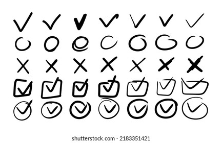Check Mark Doodle With Checklist And Checkbox V. Box List Tick And Hand Drawn Sketch Brush Vector Illustration. Handdrawn Chalk And Handwritten Ok Stroke. Marker Highlight Set Yes Quality And Icon
