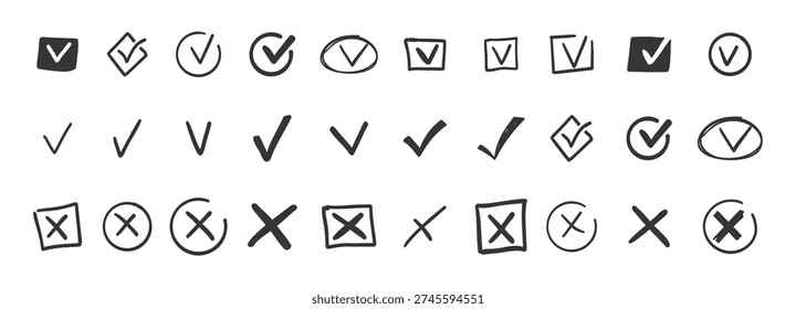 Check mark doodle icon set. Checkmarks and confirm. Ok, yes sign for agreement, done. tick. Cross signs for checkbox, checklist, v in sketch.