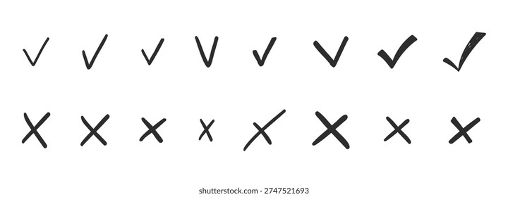 Check mark doodle icon set. Checkmarks and confirm. Ok, yes sign for agreement, done. tick. Cross signs for checkbox, checklist, v in sketch.
