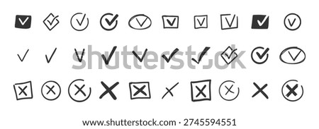Check mark doodle icon set. Checkmarks and confirm. Ok, yes sign for agreement, done. tick. Cross signs for checkbox, checklist, v in sketch.