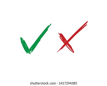 Check mark doodle icons. Yes tick and No cross. Hand drawn checkmarks.