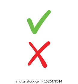 Check mark doodles. Green tick and Red x cross. Checkmark icons.