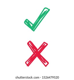 Check mark doodles. Green tick and Red x cross. Checkmark icons.