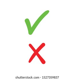 Check mark doodles. Green tick and Red x cross. Checkmark icons.
