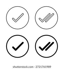 Check mark and double tick icon in circular outline. Sent message symbol