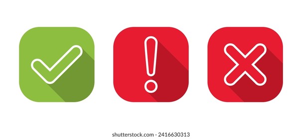 Check mark, exclamation point and cross line icon vector with long shadow