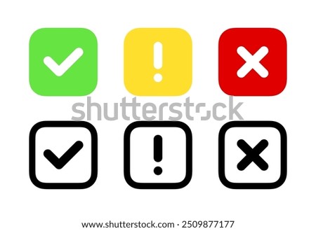 Check mark, exclamation point, cross icons