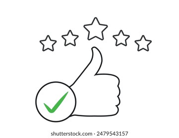Marca de verificación y cinco estrellas sobre fondo blanco.Online
concepto de idea de evaluación.