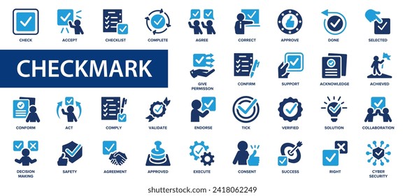 Check mark flat icons set. Approved, selected, accept, check, message, correct icons and more signs. Flat icon collection.