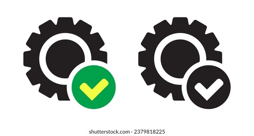 Check mark in gear icon, cog with green check icon.