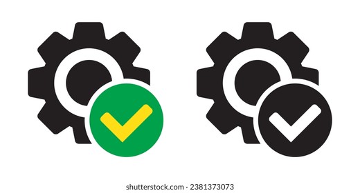 Check mark with gear icon, cog with check icon.