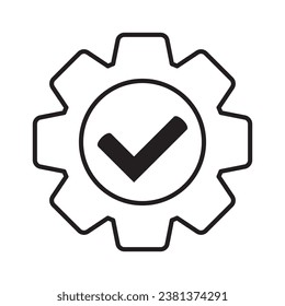 Check mark in gear icon, vector line icon.