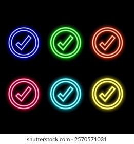 Check mark with glowing glowing futuristic blue neon lights on black background.