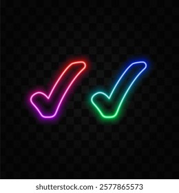 Check mark with glowing glowing futuristic blue neon lights on black background.