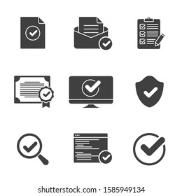 Check mark glyph icons. Checkmarks, ticks, quality, approve concepts. Simple outline symbols, modern solid graphic elements collection. Vector icons set