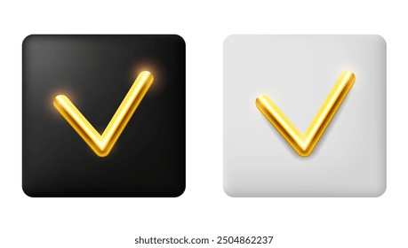 Marca de verificación. Marca de verificación de oro sobre un fondo gris y negro. Clipart de Vector.