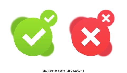 Marca de verificación verde y cruz roja. Botones 3D correctos e incorrectos. Aprobado, rechazado, verdadero, falso. Señales sobre un fondo blanco. Ilustración vectorial