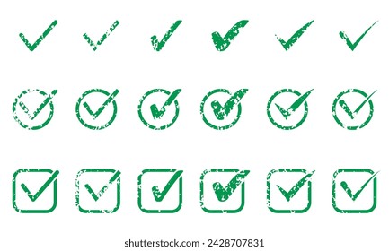 Check Mark Green Icon Set. Ok Sign, Grunge Checkmark In Checkbox Pictogram. Correct Rubber Stamp, Right Choice Symbol Collection. Vote, Confirm, Accept Tick. Isolated Vector Illustration.