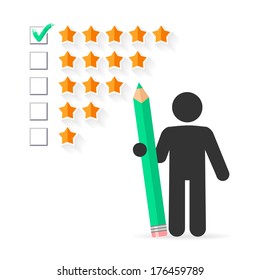 Check mark with green pencil on five star rating