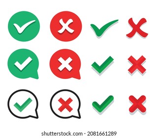 Marcar. marca de verificación verde y conjunto de iconos de cruz roja