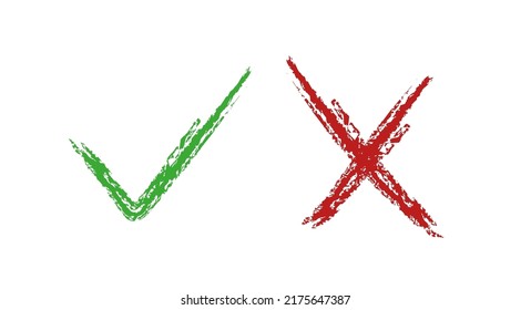 Check mark green and red hand-drawn line icons. Pros and cons, yes or not, vote for and against. Flat vector illustration isolated on white background.