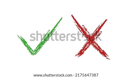 Check mark green and red hand-drawn line icons. Pros and cons, yes or not, vote for and against. Flat vector illustration isolated on white background.