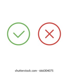 Check mark green and red line icons. Vector illustration.