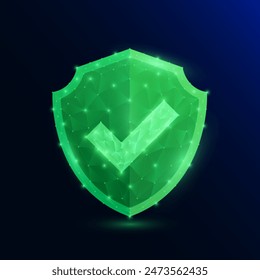 Check mark in green shield glowing  in style polygonal on dark blue background. Symbol approve or safety. Protection concept. Vector EPS10 illustration.