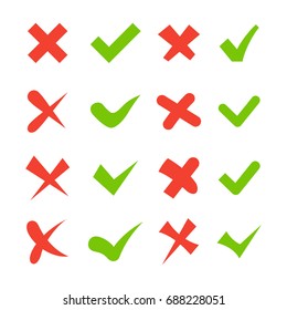 Check mark. Green tick and red cross stickers isolated on white background. Flat style. Vector illustration.