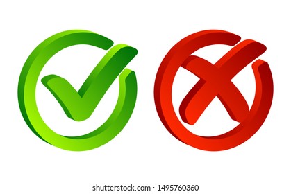 Check mark. Green tick symbol and red cross sign in circle. Icons for evaluation quiz. Vector.